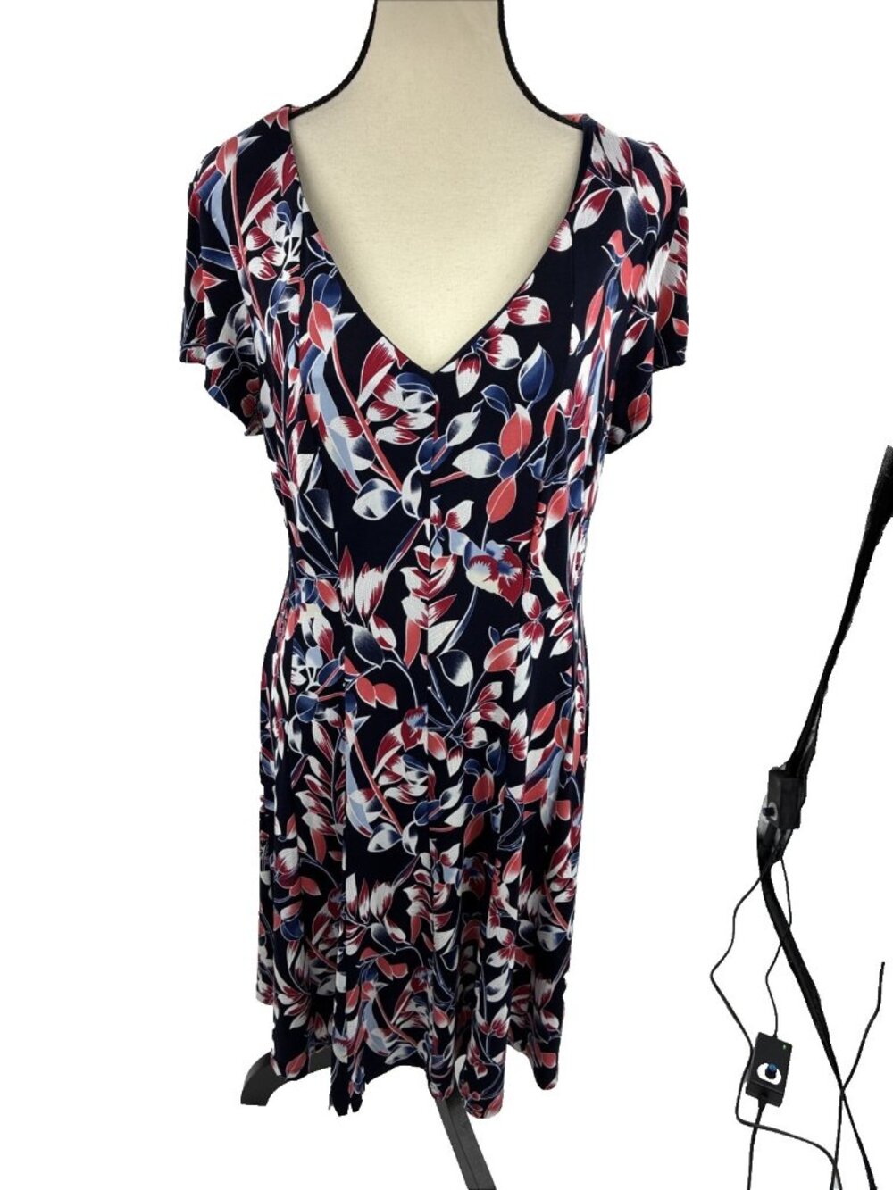 Roz & Ali Womens Dress Size 12 Navy Floral V Neck Stretch Short Sleeve